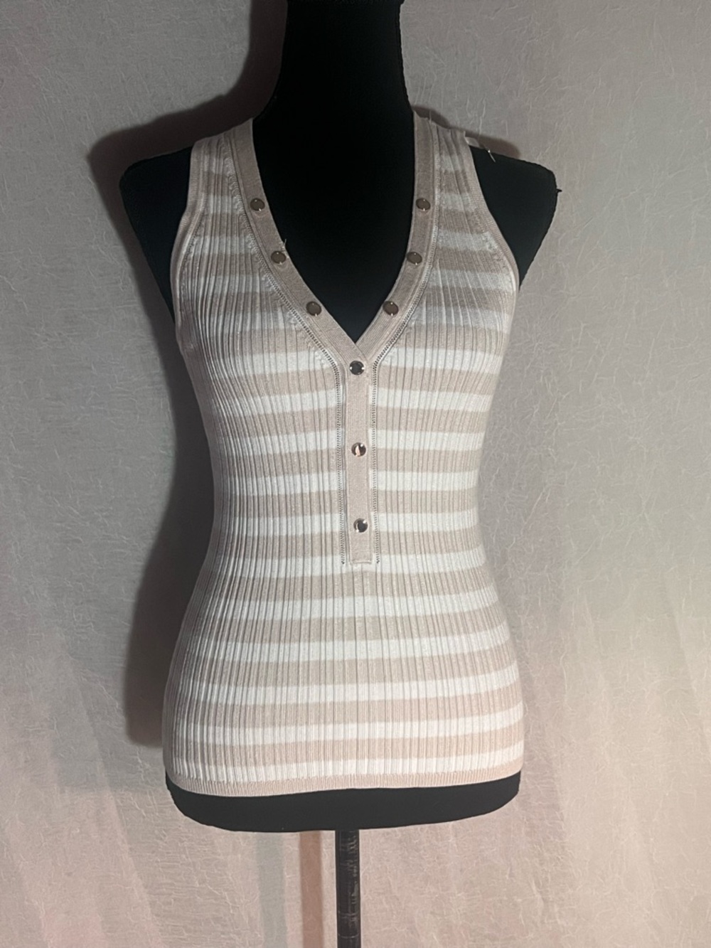 White House Black Market Beige and White ribbed Striped V-Neck stretchy Tank